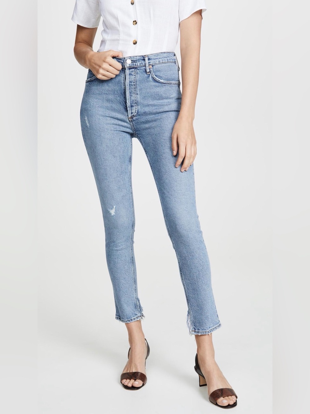 AGOLDE Nico High Rise Slim Jeans 27 Rooted Light Wash Distressed Raw Hem